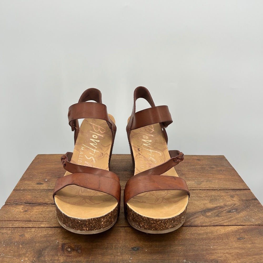 Blowfish Malibu  Brown Faux Leather Cork Platform Wedge Sandals Braided Straps